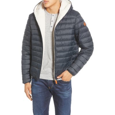 Save The Duck Water Resistant Faux Shearling Lined Puffer Jacket, Black