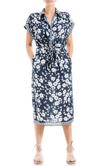 Shop Max Studio Floral Short Sleeve Shirtdress In Navy/peony Floral