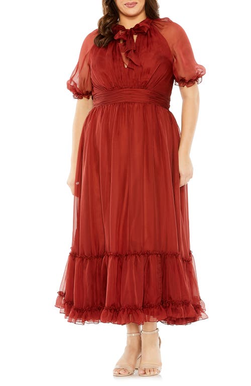 Sheer Puff Sleeve Cocktail Dress in Redwood