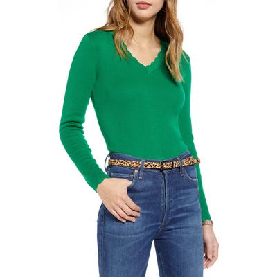 1901 Scallop Trim V-Neck Sweater, Green