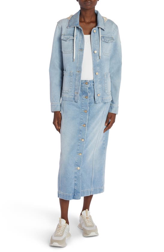 Shop Moncler Cotton Denim Midi Skirt In Rain Washed