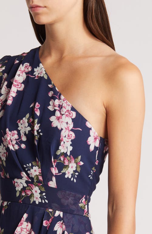 Shop Lulus Sensational Perfection Floral One-shoulder High-low Gown In Navy/pink