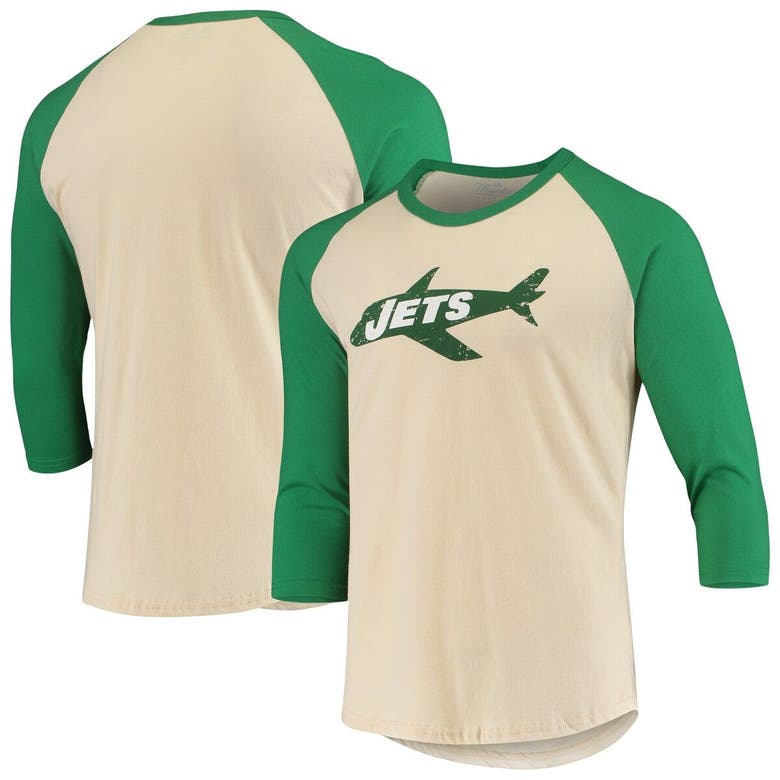 MAJESTIC MAJESTIC THREADS CREAM/KELLY GREEN NEW YORK JETS GRIDIRON CLASSICS RAGLAN 3/4-SLEEVE T-SHIRT