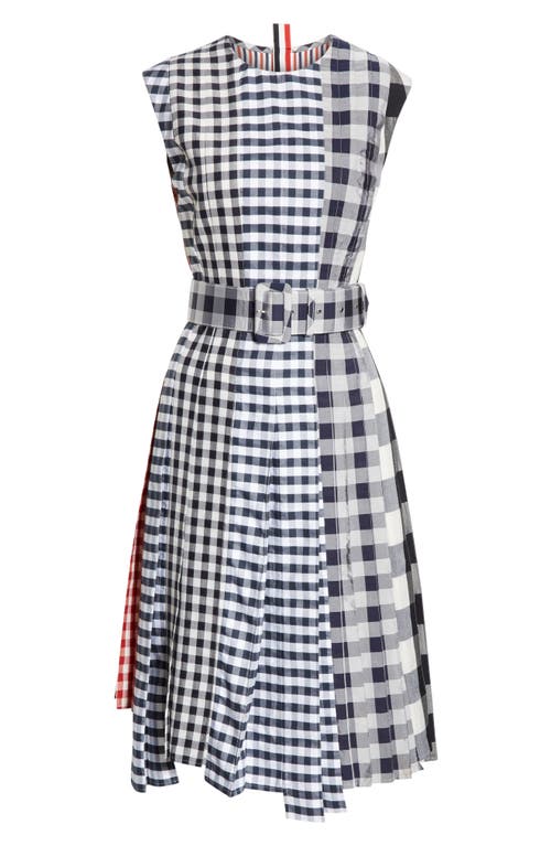 Shop Thom Browne Mixed Gingham Midi Dress In Navy