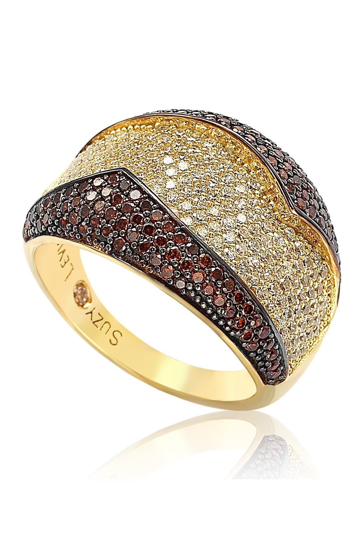 Suzy Levian 14k Yellow Gold Plated Pave Cz Ring In Red