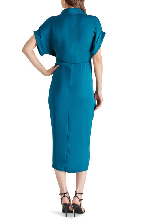 Shop Steve Madden Tori Tie Waist Satin Midi Shirtdress In Midnight Teal