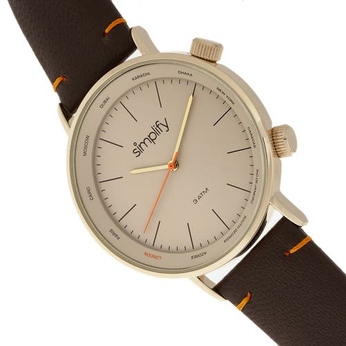 Shop Simplify The 3300 Leather-band Watch In Dark Brown/gold