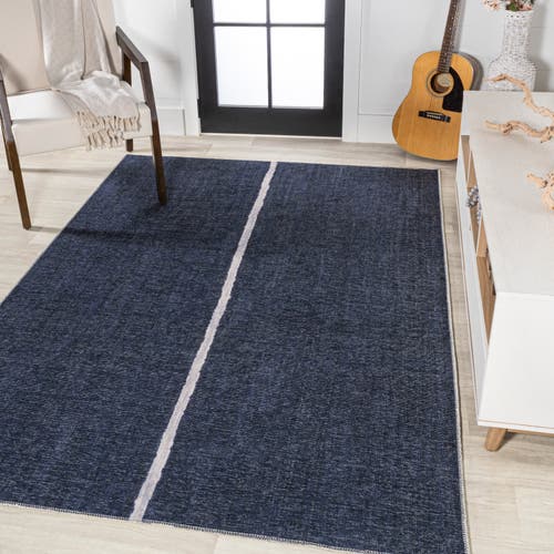 Jonathan Y Linja Solid Centre Stripe Machine-washable Area Rug In Navy/gray