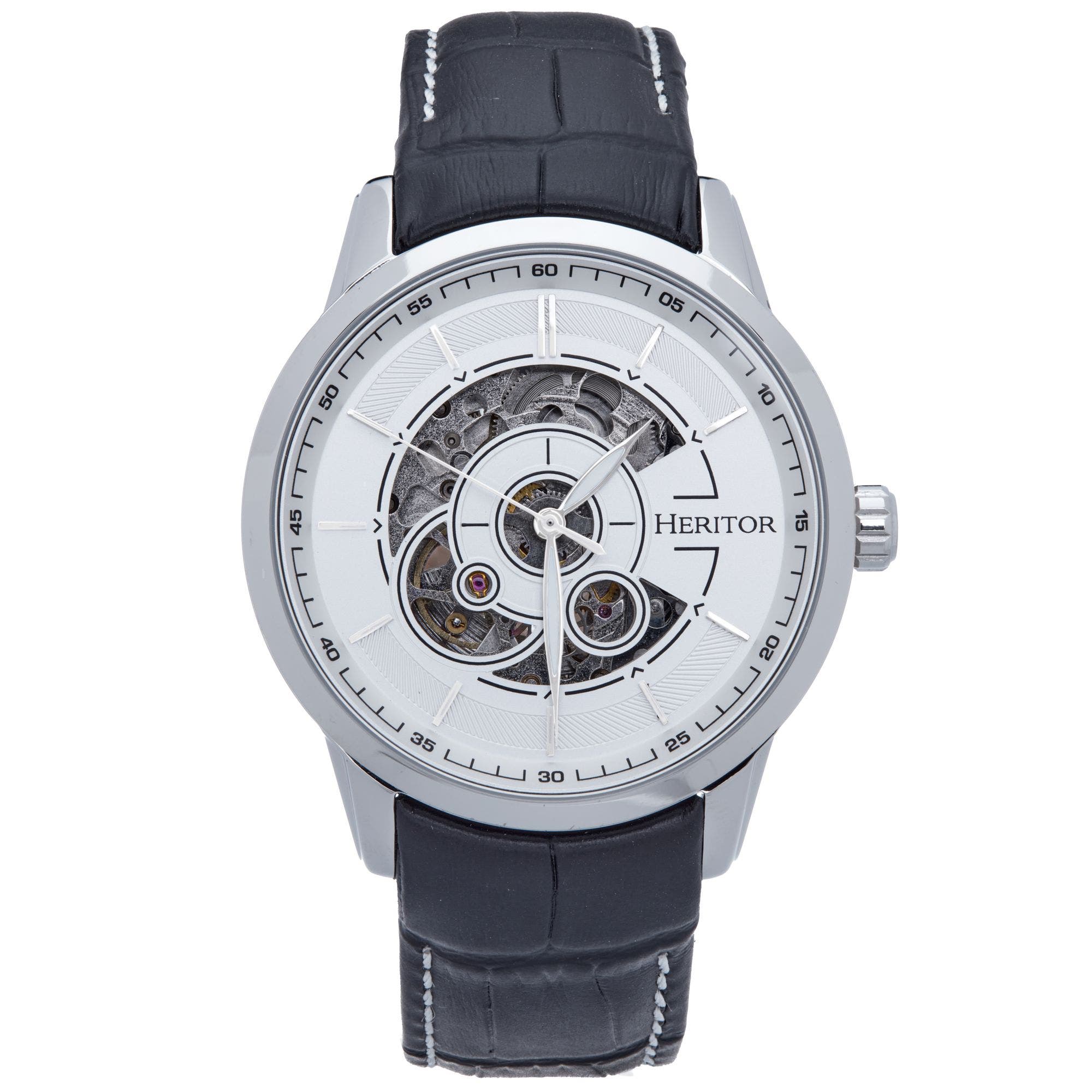 Heritor Automatic Davies Semi-Skeleton Leather-Band Watch in Silver/white Cover