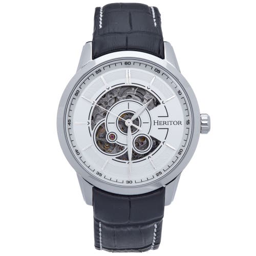 Shop Heritor Automatic Davies Semi-skeleton Leather-band Watch In Silver/white