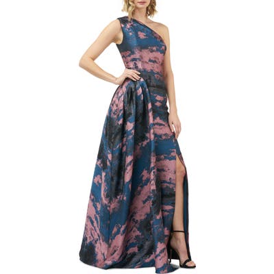 Kay Unger Noelle One-Shoulder Jacquard Gown, Blue