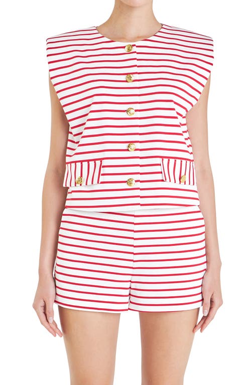 Shop English Factory Stripe Sleeveless Button-up Top In White/red