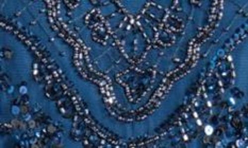 Pisarro Nights Beaded Mesh Midi Cocktail Dress In New Petrol Blue