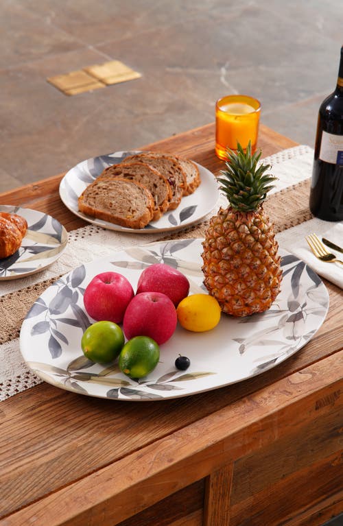 Tarhong Bali Leaves Melamine Oval Platter In White Multi
