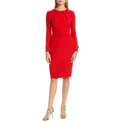 Badgley Mischka Long Sleeve Belted Sheath Dress, Red