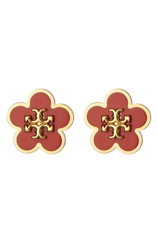 Shop Tory Burch Flower Stud Earrings In Brass / Matchstick Red