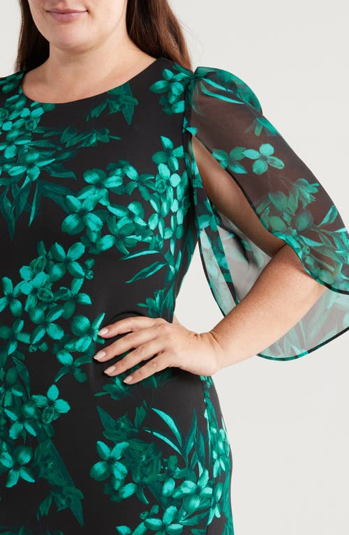 Connected Apparel Floral Chiffon Sleeve Sheath Dress In Hunter