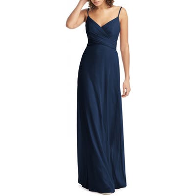 Social Bridesmaids Crossover V-Neck Chiffon Trumpet Gown, Blue