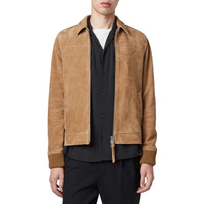 Allsaints Drant Regular Fit Zip Front Suede Jacket, Brown