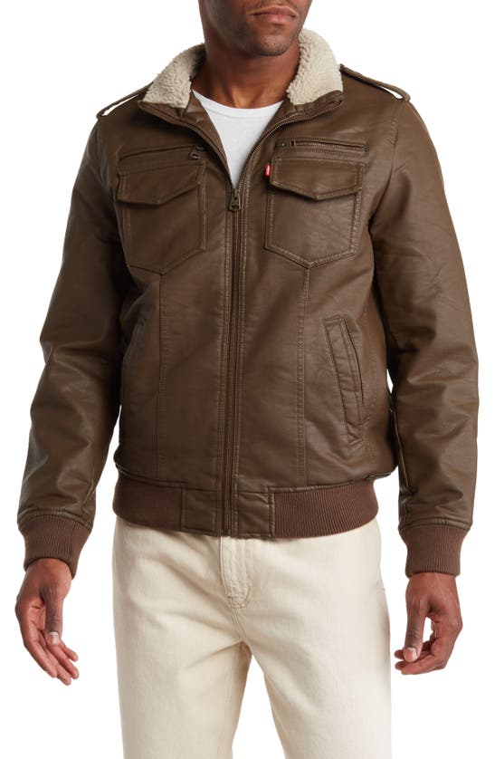 Levi's® Faux Leather Faux Shearling Lined Aviator Bomber Jacket In Earth