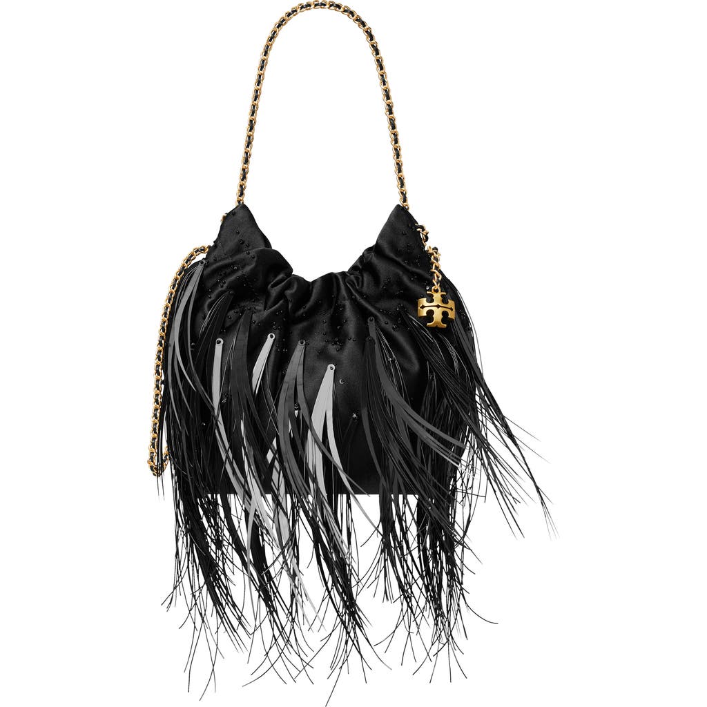 Tory Burch Mini Fleming Feather Drawstring Bag In Black