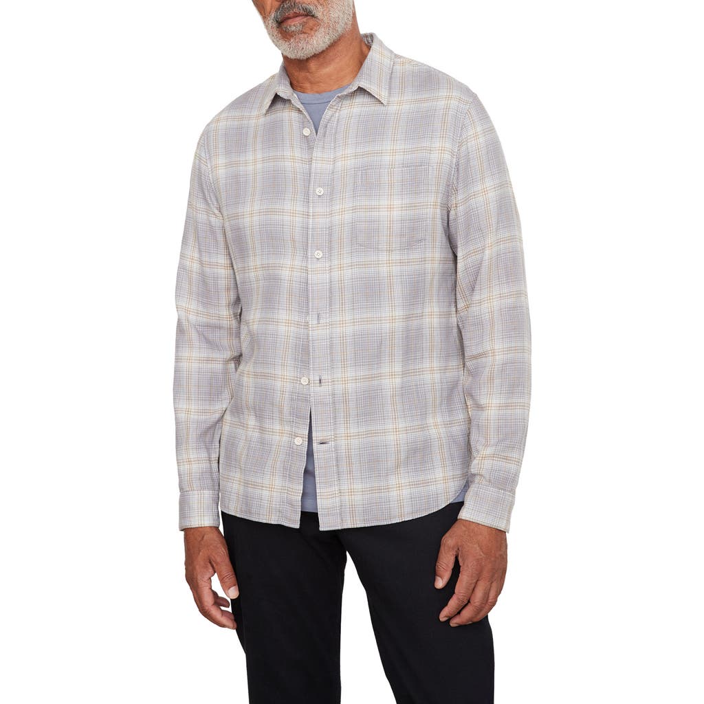 Vince Shadow Plaid Double Face Button-up Shirt In Gray