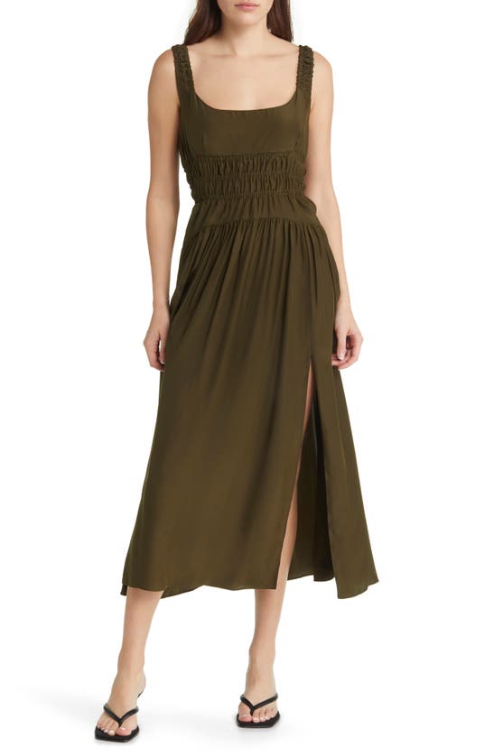 La Ligne Shirred Silk Midi Dress In Dark Olive