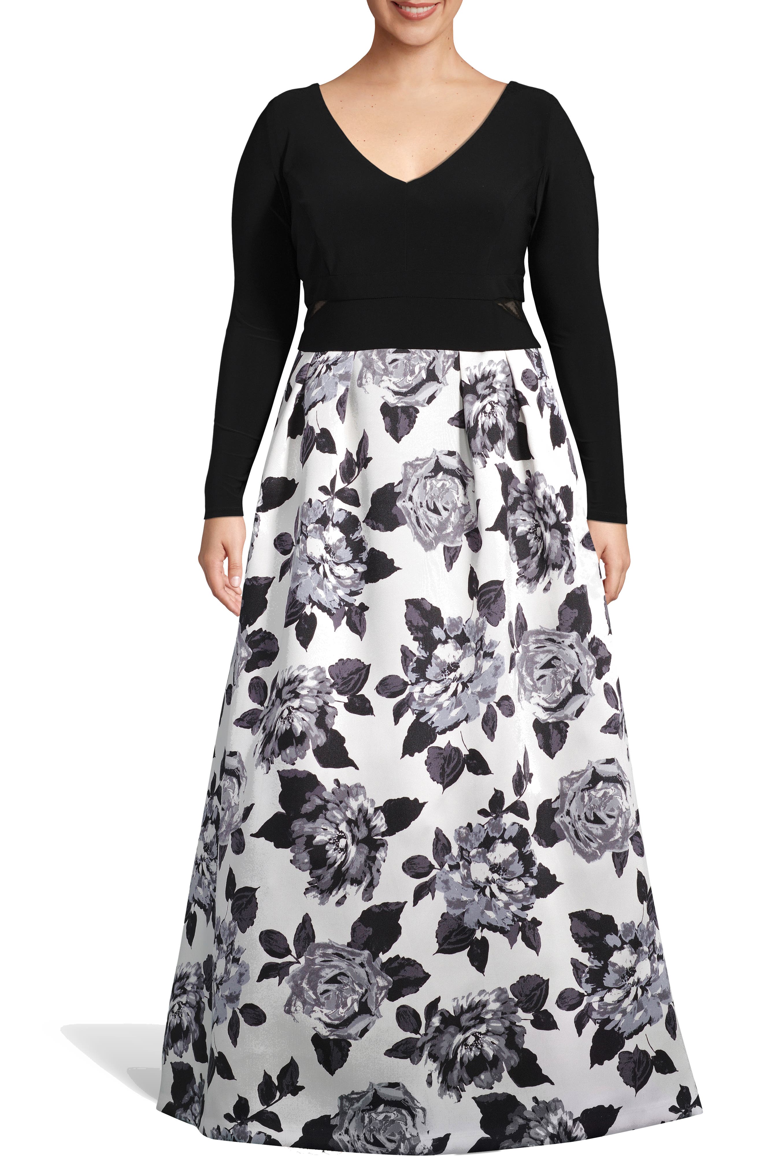 Plus Size Xscape Floral Print Evening Gown, Black