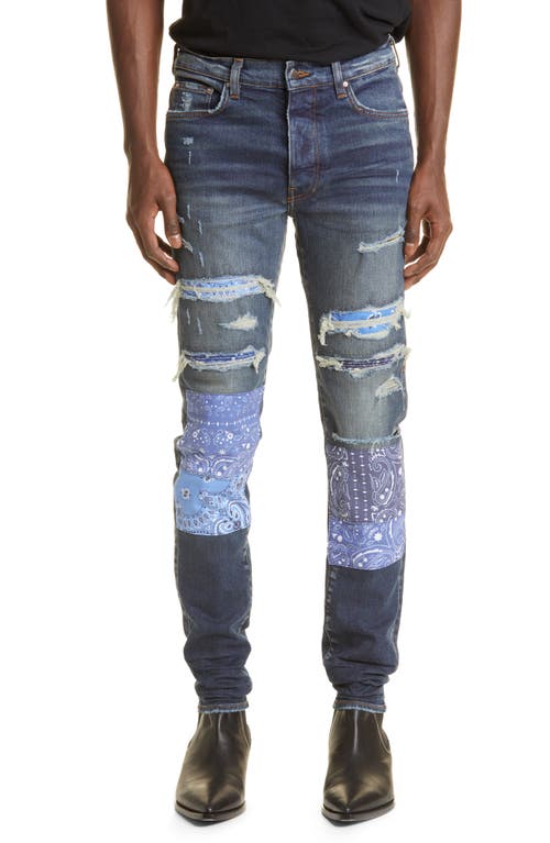 AMIRI Bandana Art Patch Thrasher Ripped Skinny Jeans in Deep Classic