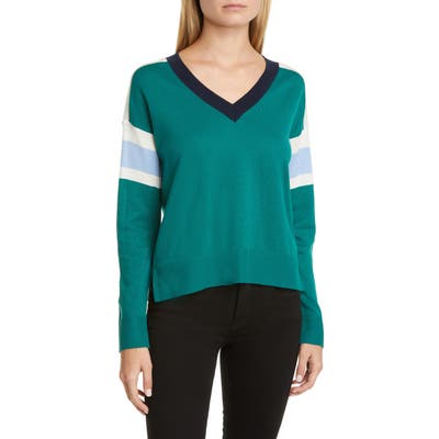 Akris Punto Stripe V-Neck Merino Wool Sweater, Blue