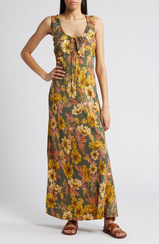 Shop Treasure & Bond Ruched Bias Cut Maxi Dress In Olive Kalamata Amelia Floral