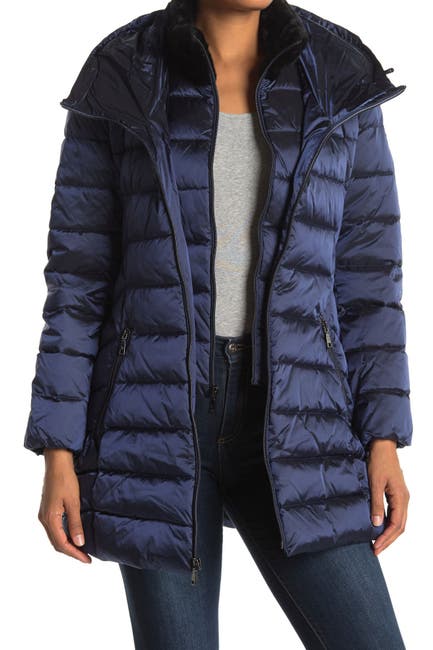 Image of Tahari Faux Fur Trim Collar Hooded Bib Puffer Jacket