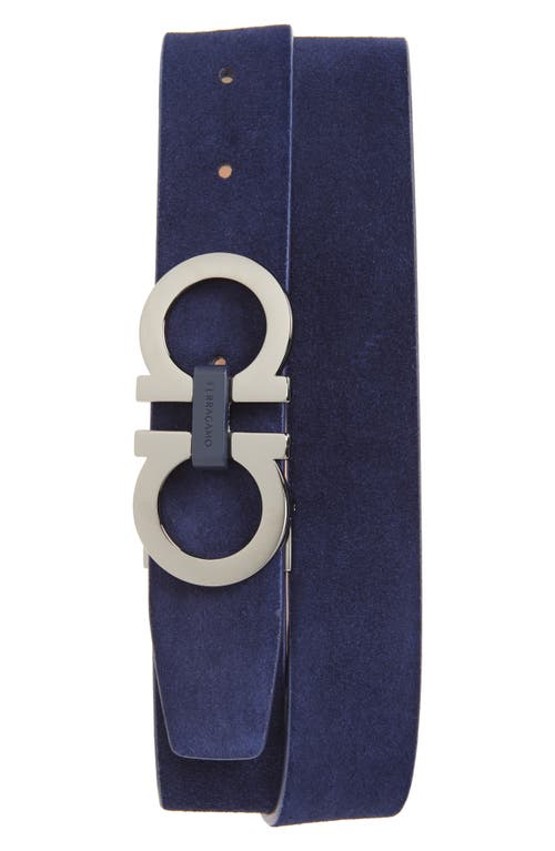 Ferragamo Double Gancio Suede Belt In Midnight Naturale