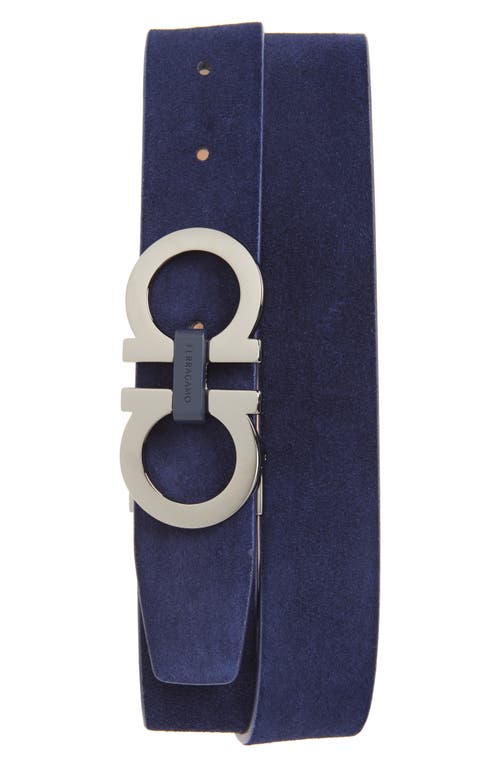 Shop Ferragamo Double Gancio Suede Belt In Midnight Naturale