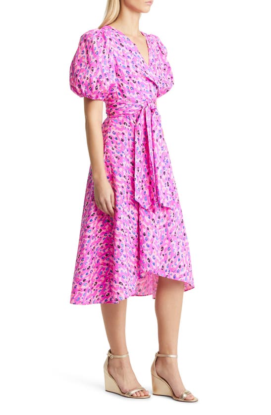 Shop Lilly Pulitzer Juney Puff Sleeve Faux Wrap Midi Dress In Wild Fuchsia Spotted In Love