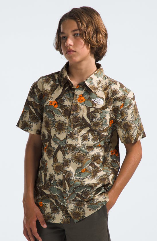 Shop The North Face Kids' Amphibious Print Short Sleeve Button-up Shirt In Utility Brown Tnf Cactus Camo