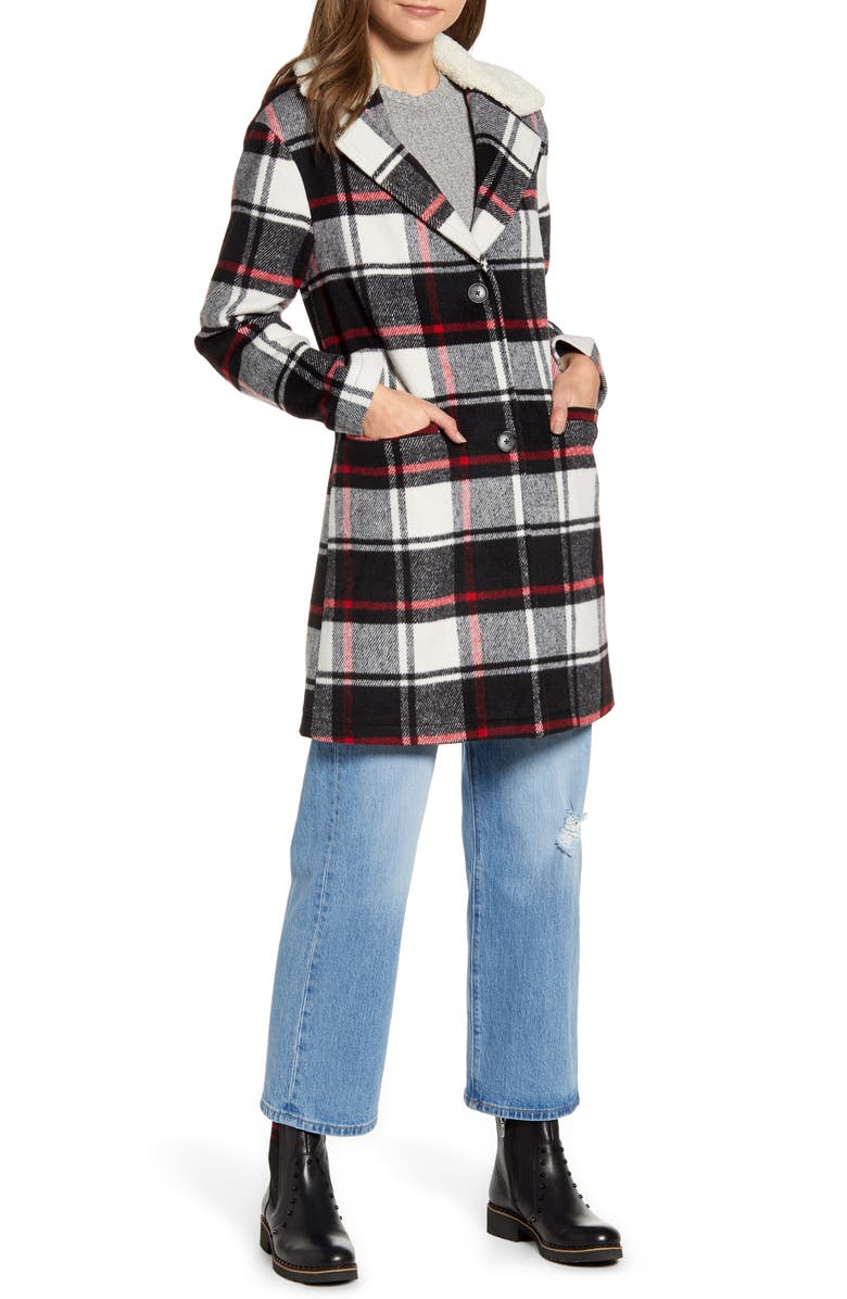 LEVI'S<SUP>Â®</SUP> Wool Top Coat with Faux Shearling Collar, Main, color, BLACK RED PLAID