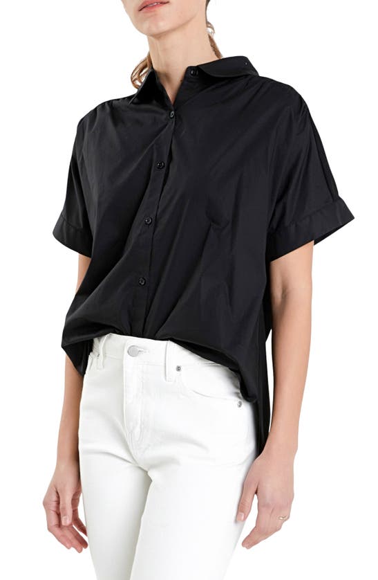 English Factory Mixed Media Button Front Top In Black