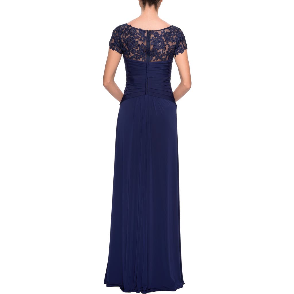 La Femme Jersey Dress With Ruching And Floral Neckline In Navy