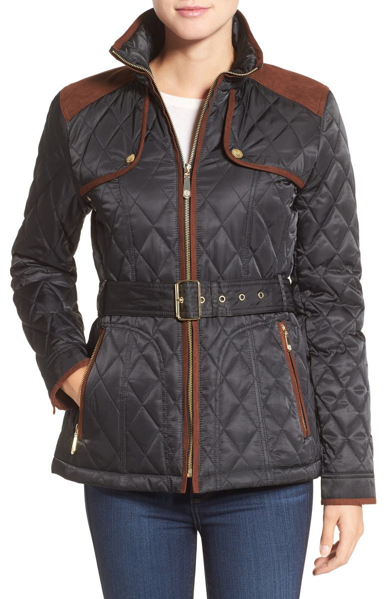 VINCE CAMUTO Diamond Quilted Jacket with Faux Suede Trim, Main, color, Black