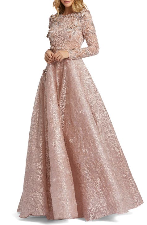 Floral Embroidered & Beaded Long Sleeve Mesh Gown