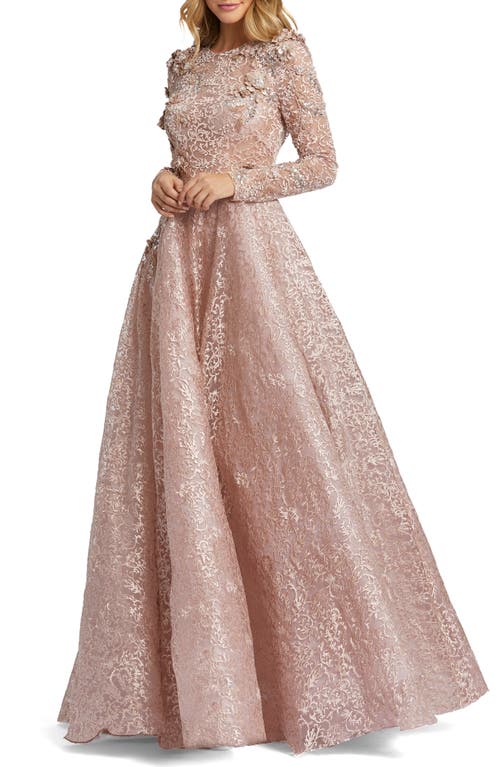 Mac Duggal Floral Embroidered & Beaded Long Sleeve Mesh Gown in Mocha