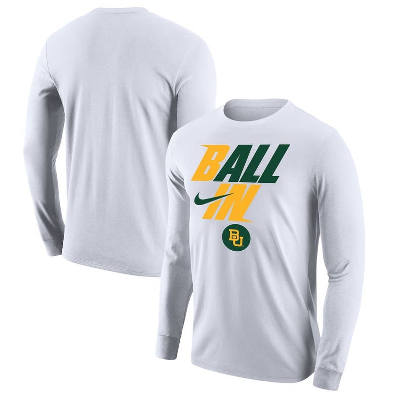 Men's Nike White Baylor Bears 2021 Postseason Basketball Just US Bench Legend Long Sleeve T-Shirt