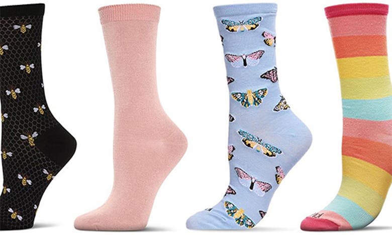 Memoi Novelty Assorted 4-pack Crew Socks In Black-red
