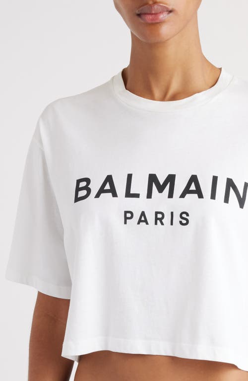 Shop Balmain Logo Crop Cotton Graphic T-shirt In Gab White/black