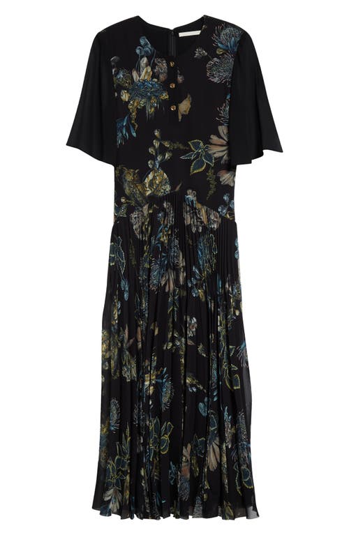 Shop Jason Wu Collection Floral Forest Pleated Drop Waist Midi Dress In Black/multi