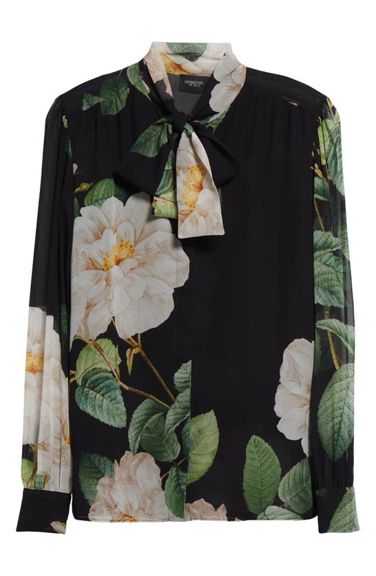 Giambattista Valli Giant Bloom Print Tie Neck Cashmere & Silk Button-up Shirt In Black/ Green