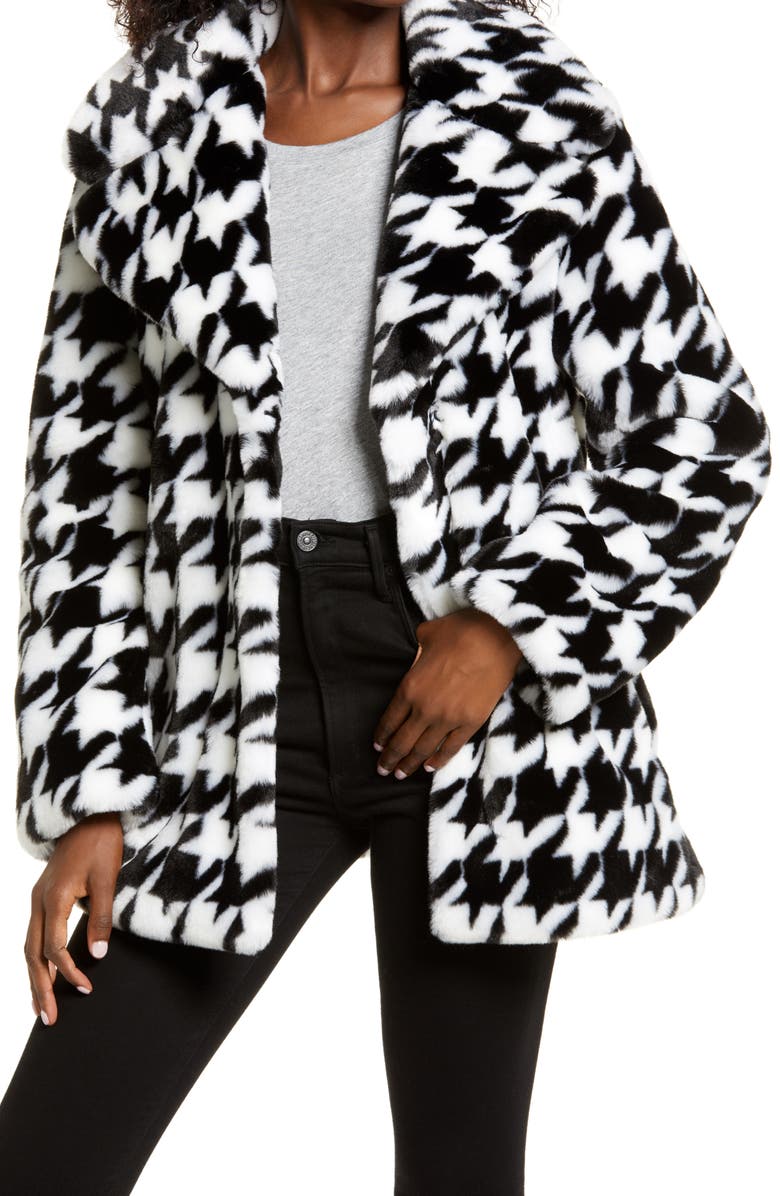 AVEC LES FILLES Houndstooth Faux Fur Coat, Main, color, BLACK/ WHITE
