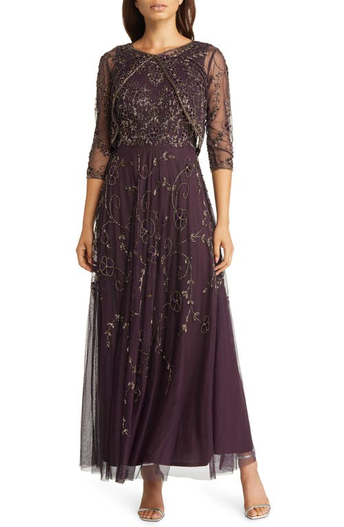 Beaded Mesh Gown with Jacket in Eggplant