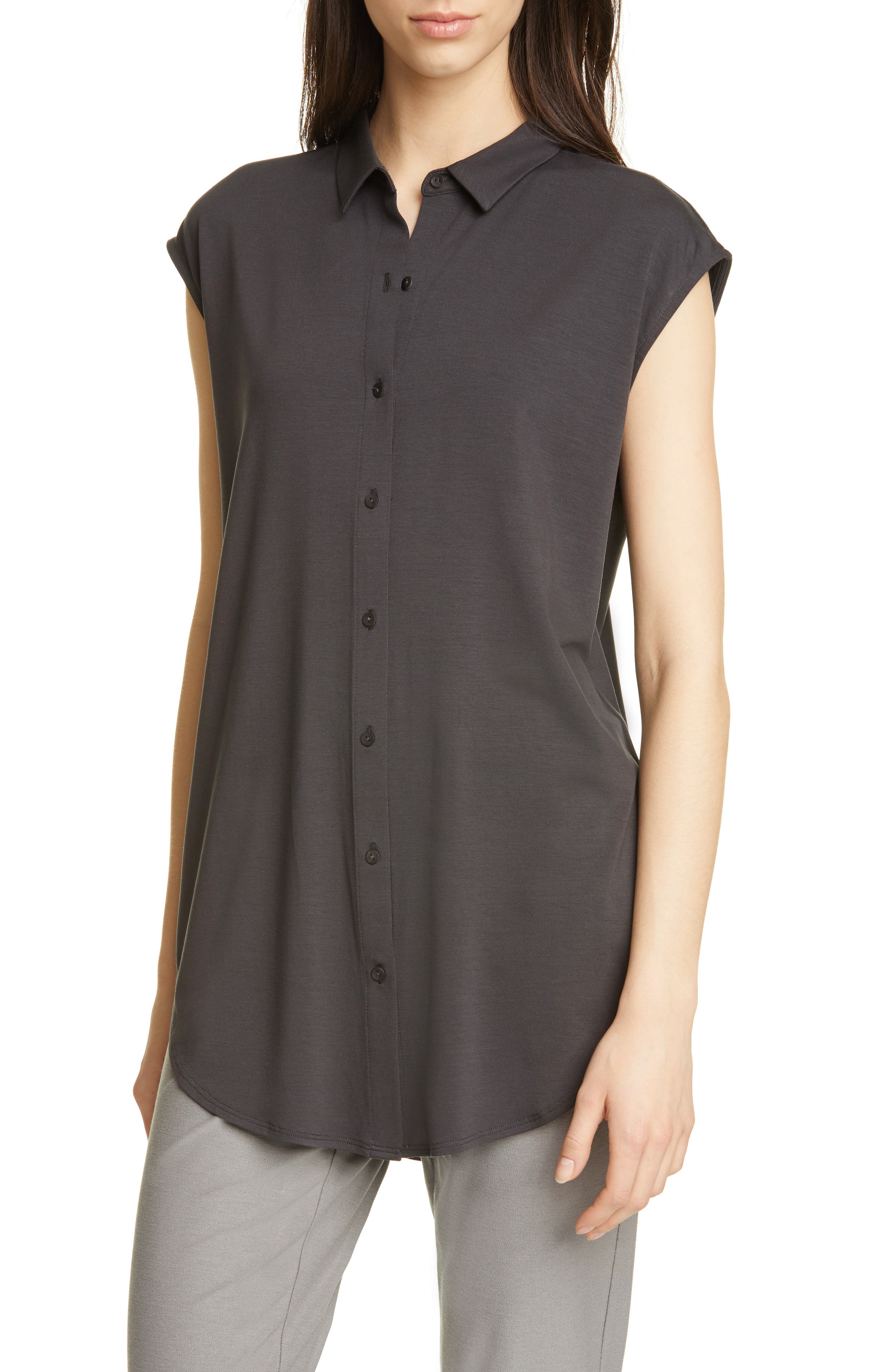 Eileen Fisher Classic Collar Sleeveless Shirt, Grey